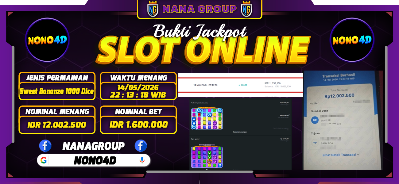 Bukti Kemenangan Besar Dibayar lunas Member NONO4D RP 12.000.000, 14 Mei 2026