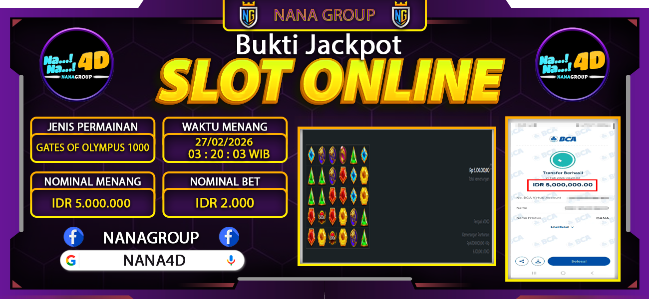 Bukti Kemenangan Besar Dibayar lunas Member NANA4D RP 5.000.000, 27 Februari 2026