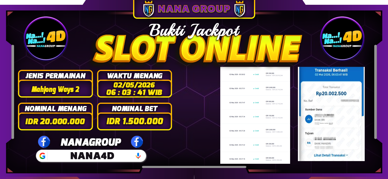 Bukti Kemenangan Besar Dibayar lunas Member NANA4D RP 20.000.000, 3 Mei 2026