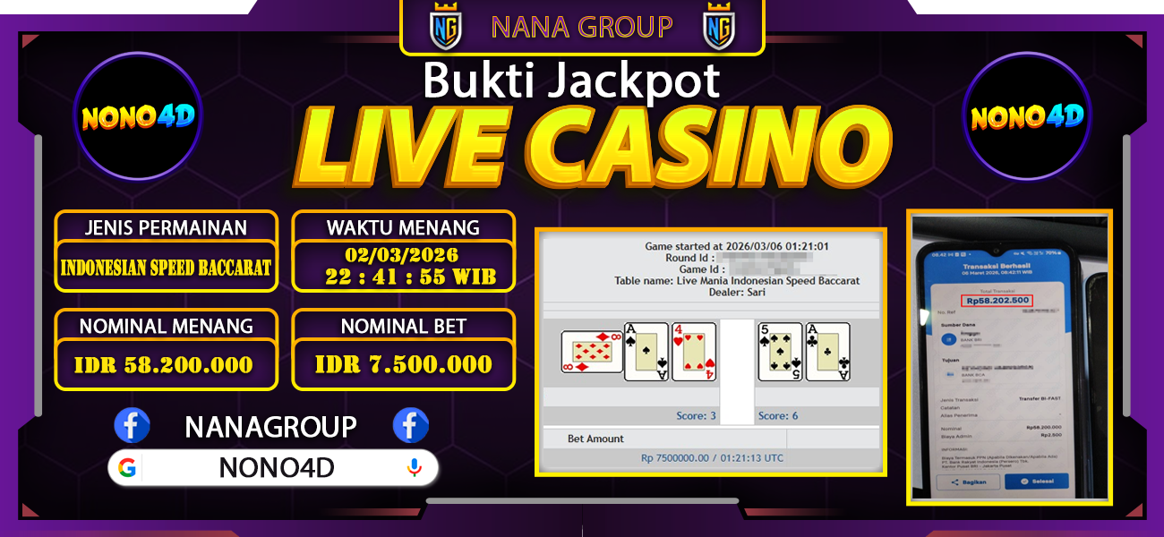 Bukti Kemenangan Besar Dibayar lunas Member NONO4D RP 58.200.000, 6 Maret 2026